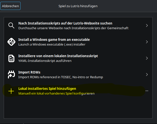 Lutris add game dialog